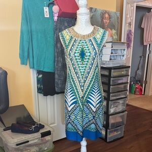 Sandra Darren Vibrant Blue and Green Midi Dress